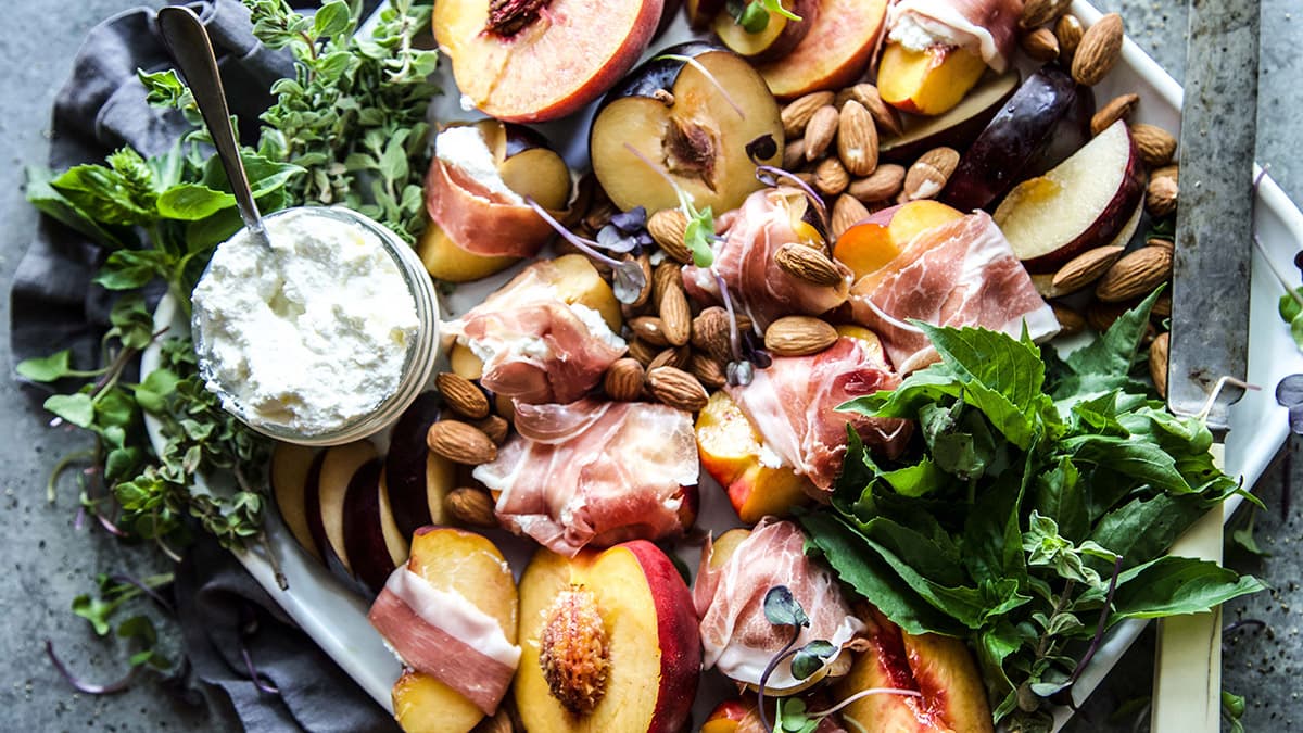 Prosciutto Wrapped Stone Fruit with Ricotta Cheese